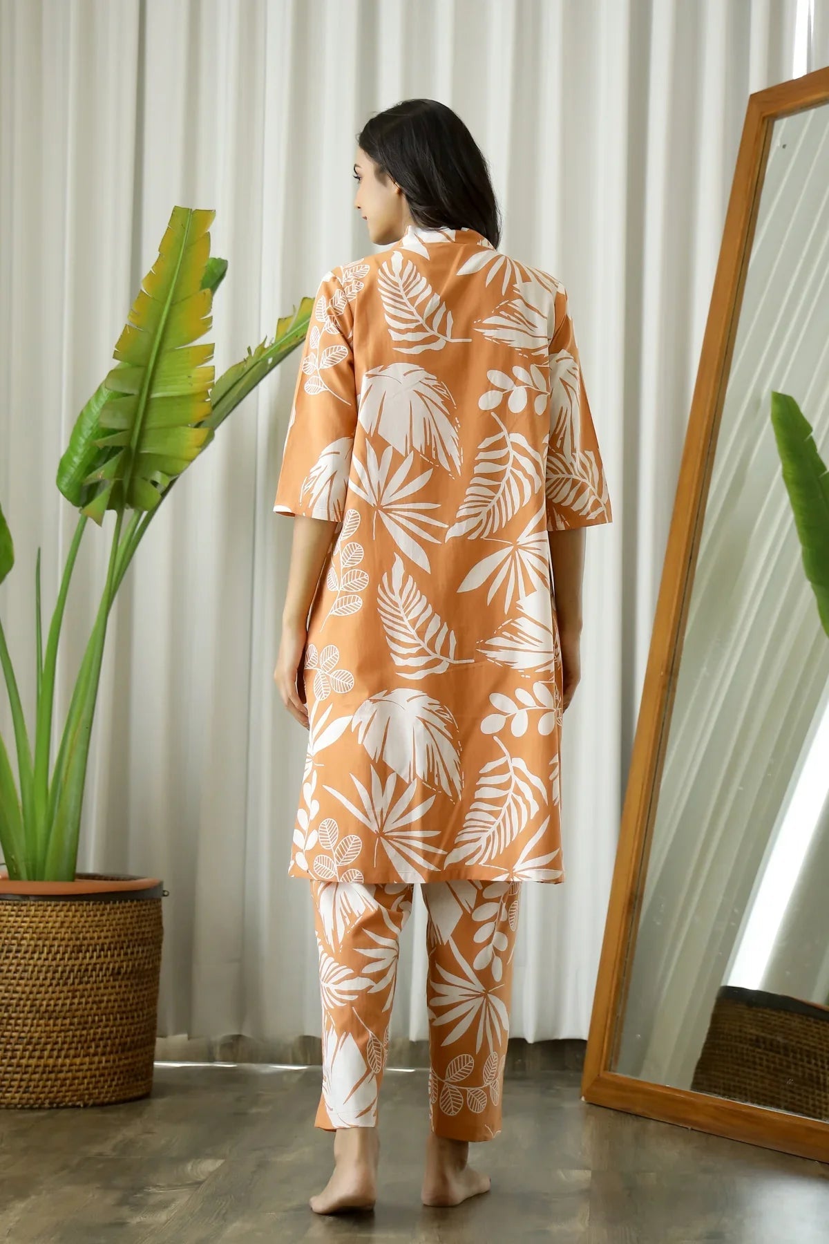 Orange Cotton Printed 3 PEICE Night Suit Set with Pyjama - SanskrutiHomes 