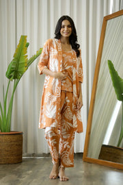 Orange Cotton Printed 3 PEICE Night Suit Set with Pyjama - SanskrutiHomes 