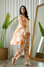 Orange Cotton Printed 3 PEICE Night Suit Set with Pyjama - SanskrutiHomes 