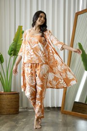 Orange Cotton Printed 3 PEICE Night Suit Set with Pyjama - SanskrutiHomes 