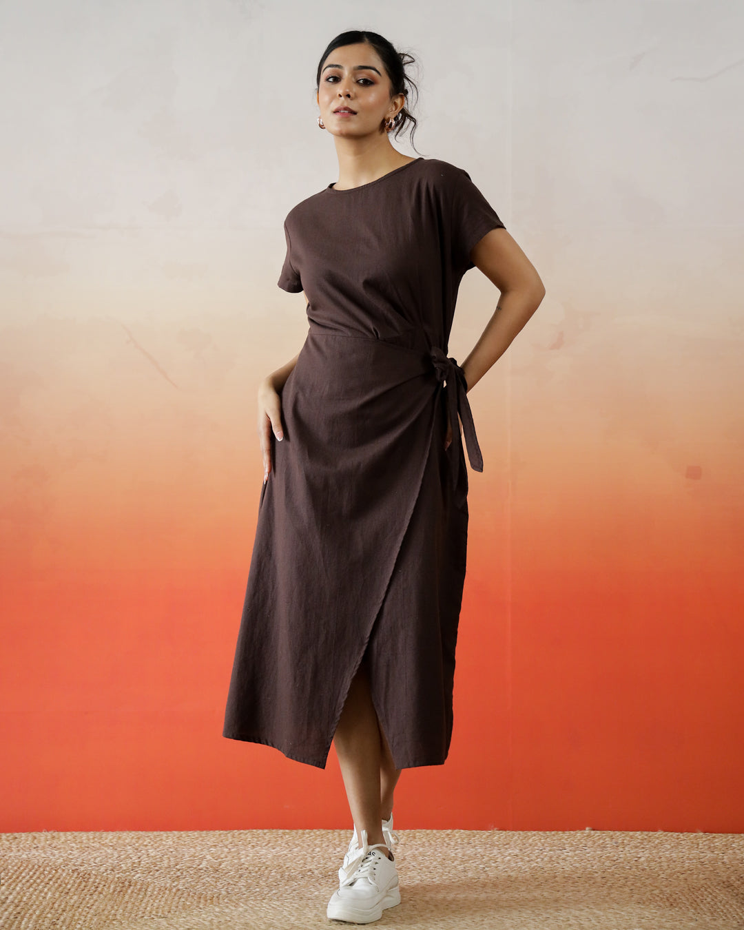 Brown Solid Print Cotton Dress For Women