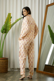 Beige & Red Full sleeves Printed Cotton Night suit - SanskrutiHomes 