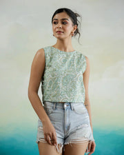 Green Printed Sleeveless Top for Women - SanskrutiHomes 