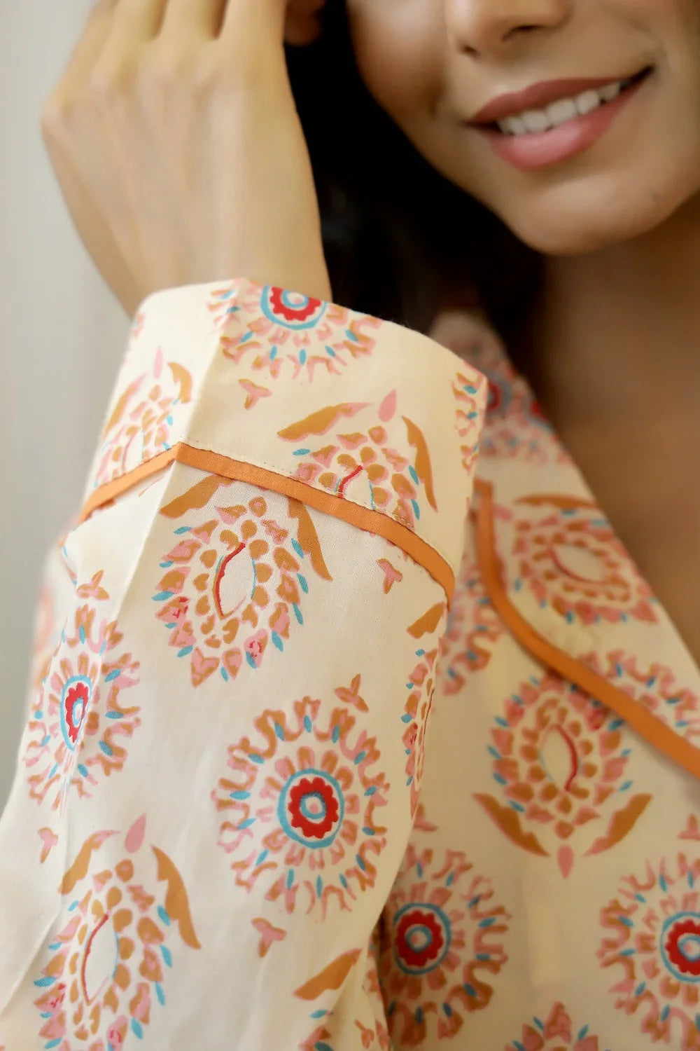 Beige & Red Full sleeves Printed Cotton Night suit - SanskrutiHomes 