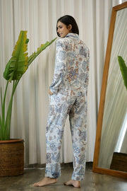 White & Blue Full Sleeves Printed Cotton Night Suit