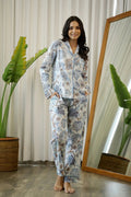 WHITE & Blue FULL SLEEVES Printed Cotton Night suit - SanskrutiHomes 