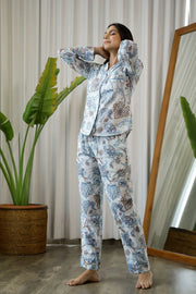 White & Blue Full Sleeves Printed Cotton Night Suit