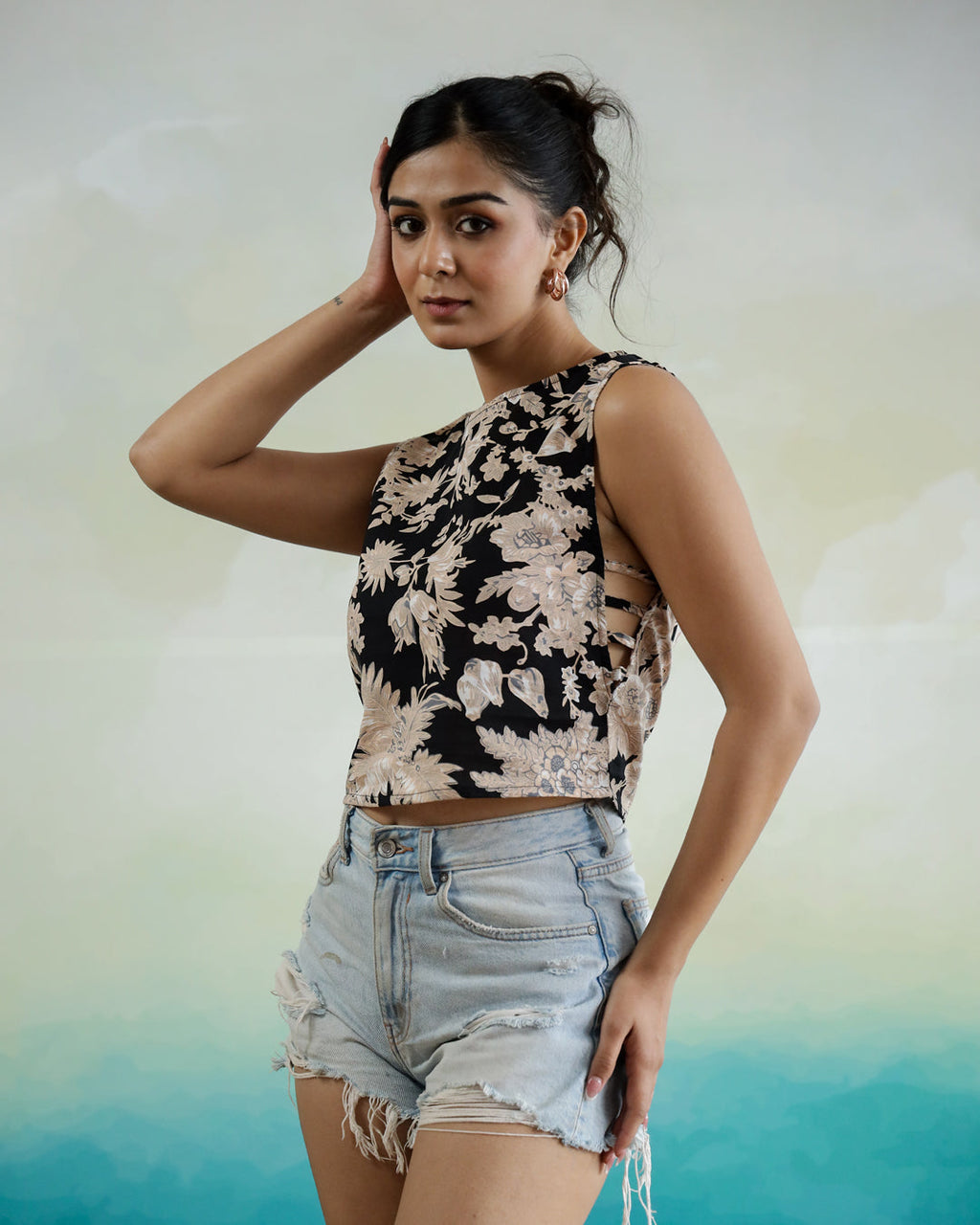 Black Floral Printed Sleeveless Top