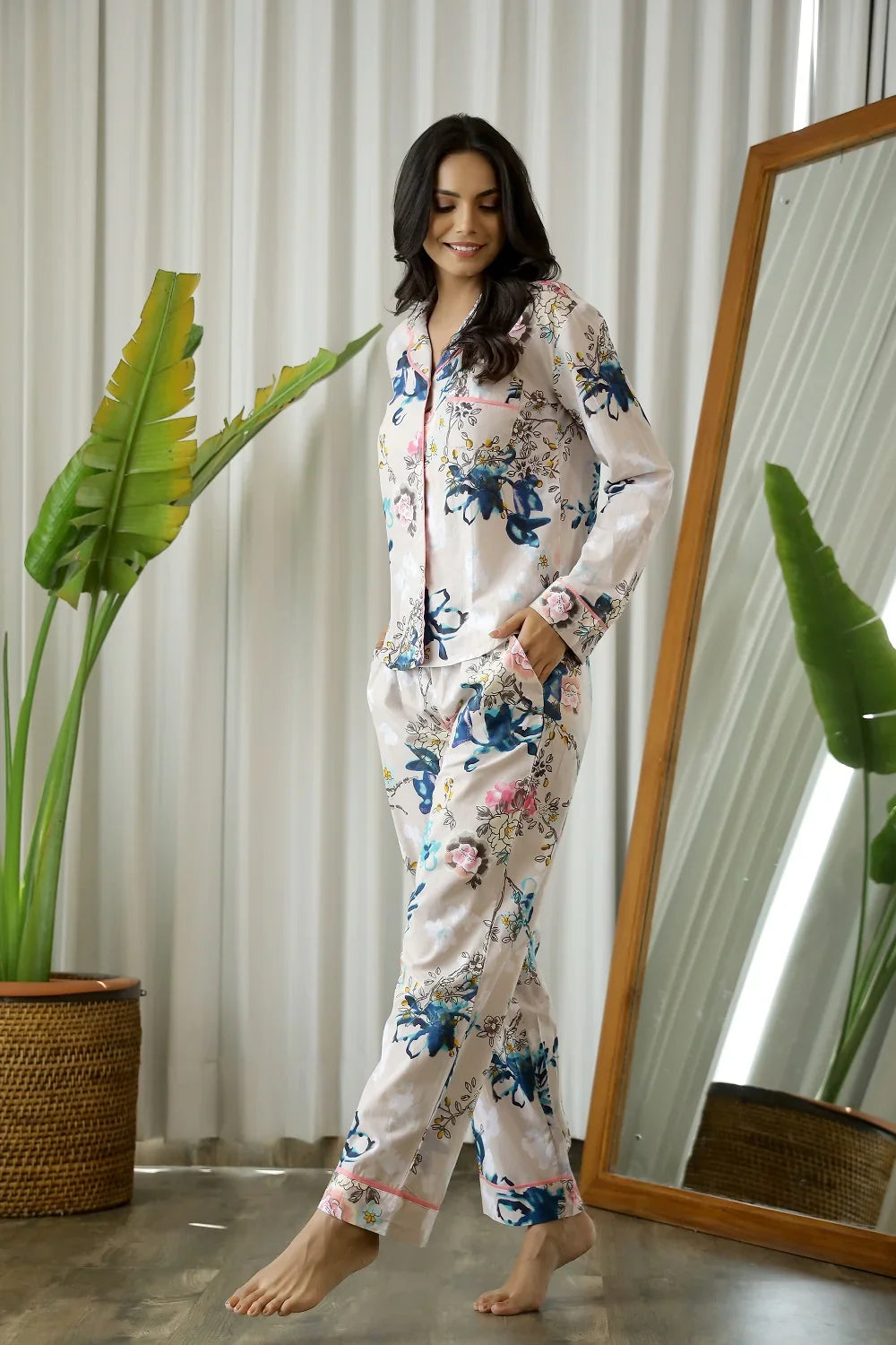 Floral Printed FULL SLEEVES Cotton Night suit - SanskrutiHomes 