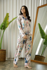 Floral Printed FULL SLEEVES Cotton Night suit - SanskrutiHomes 
