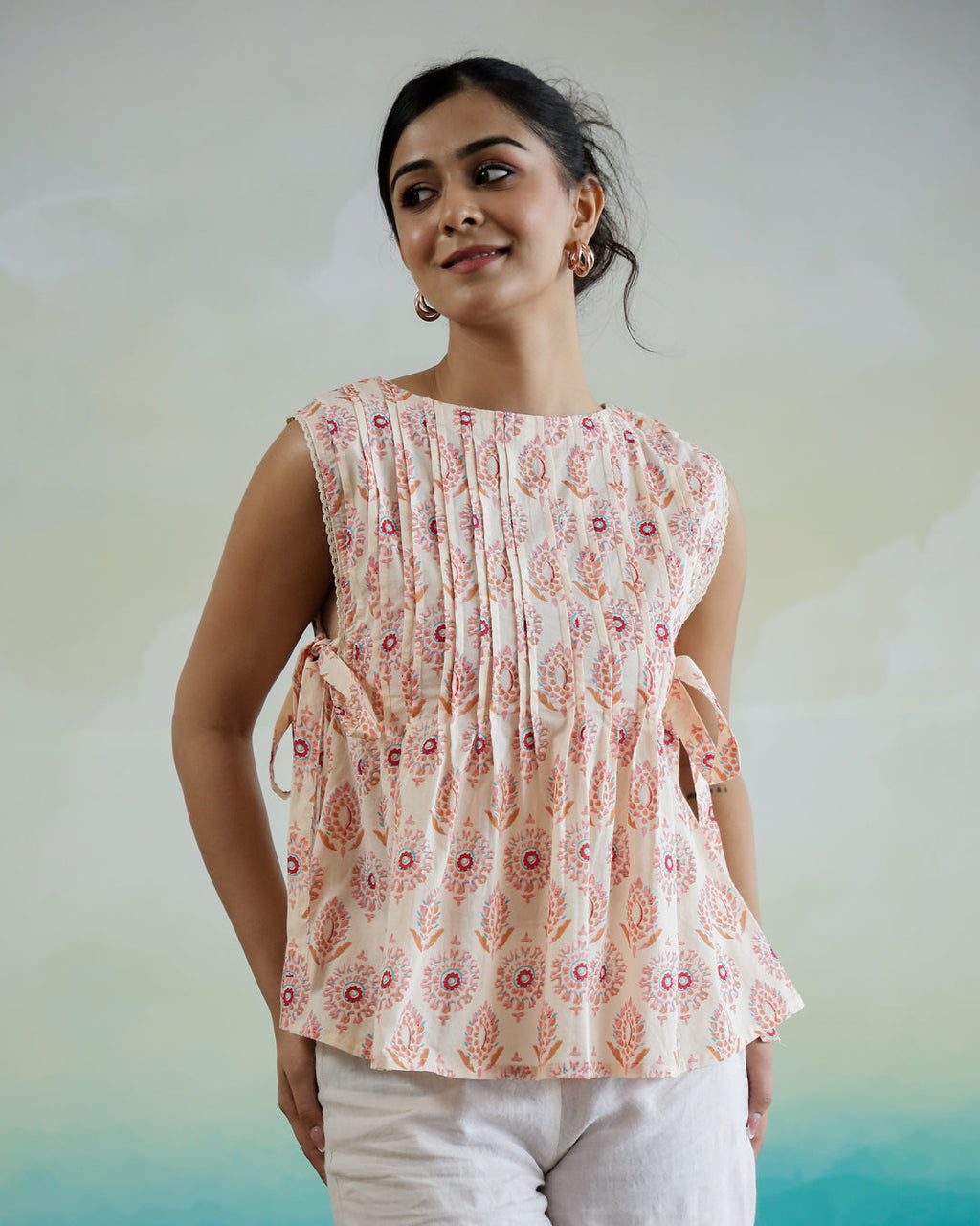 Sleeveless Printed Cotton Top For Women