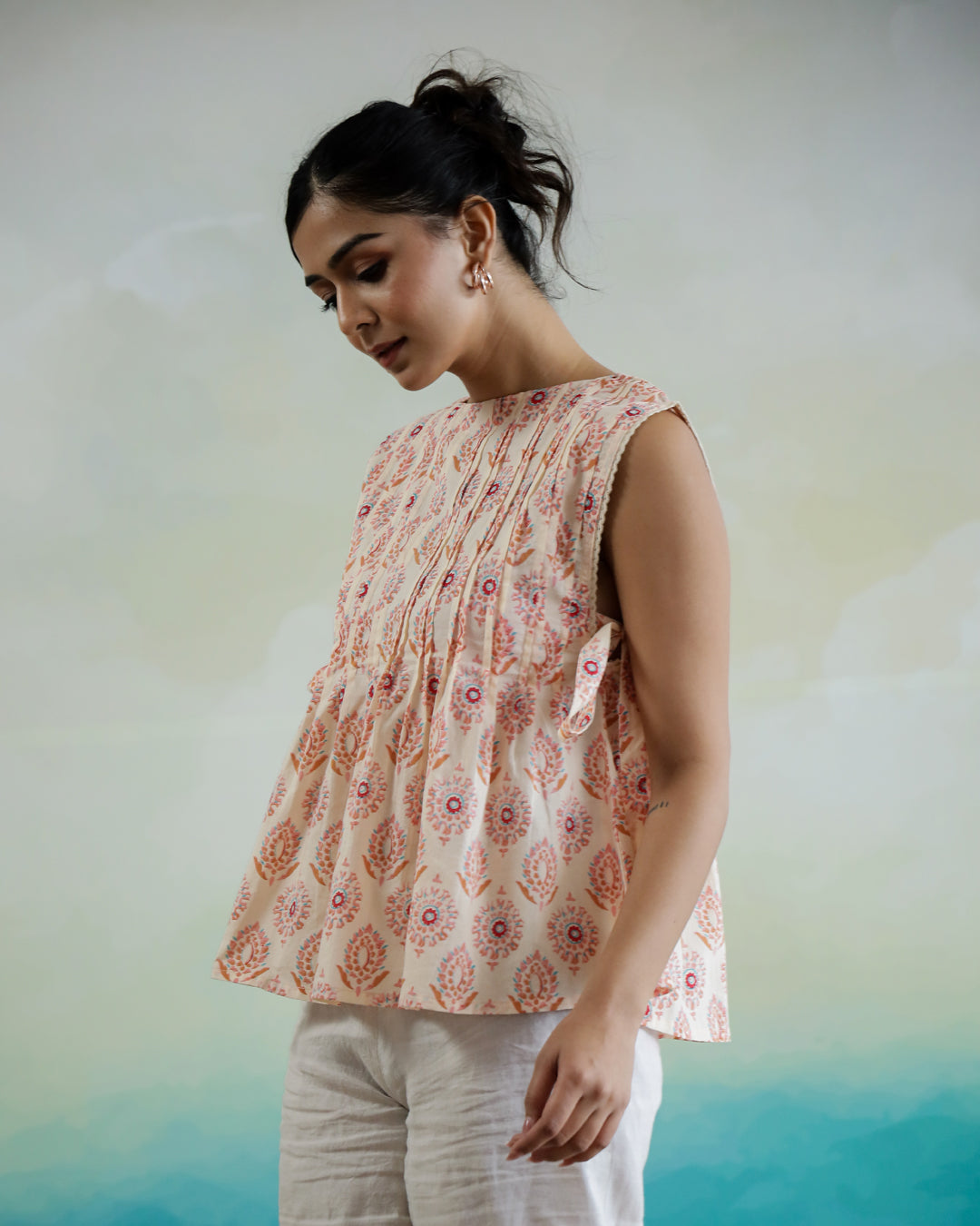 Sleeveless Printed Cotton Top For Women