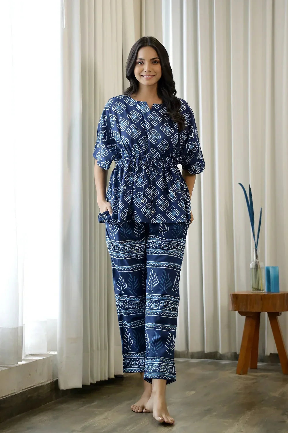 Women Navy Blue Pure Cotton Ethnic motifs Printed Kaftan With Pyjama - SanskrutiHomes 