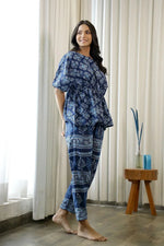 Women Navy Blue Pure Cotton Ethnic motifs Printed Kaftan With Pyjama - SanskrutiHomes 