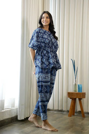 Women Navy Blue Pure Cotton Ethnic motifs Printed Kaftan With Pyjama - SanskrutiHomes 