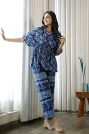Women Navy Blue Pure Cotton Ethnic motifs Printed Kaftan With Pyjama - SanskrutiHomes 