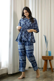 Women Navy Blue Pure Cotton Ethnic motifs Printed Kaftan With Pyjama - SanskrutiHomes 
