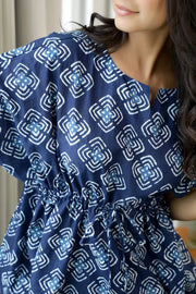 Women Navy Blue Pure Cotton Ethnic motifs Printed Kaftan With Pyjama - SanskrutiHomes 