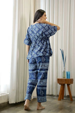 Women Navy Blue Pure Cotton Ethnic motifs Printed Kaftan With Pyjama - SanskrutiHomes 