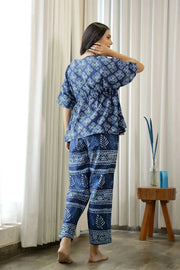 Women Navy Blue Pure Cotton Ethnic motifs Printed Kaftan With Pyjama - SanskrutiHomes 