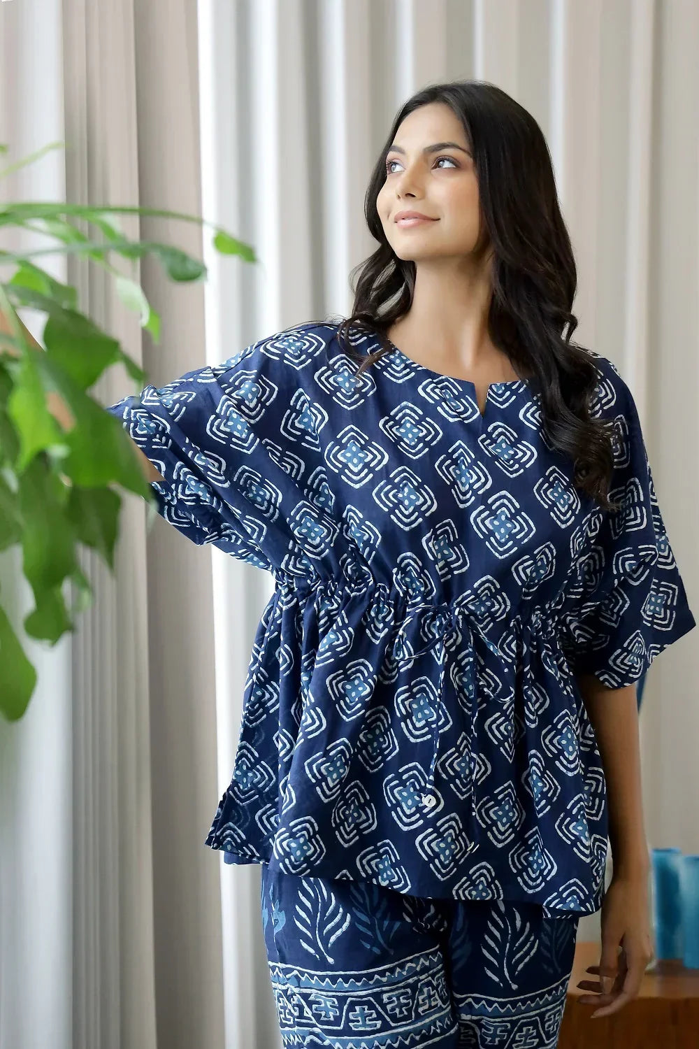 Women Navy Blue Pure Cotton Ethnic motifs Printed Kaftan With Pyjama - SanskrutiHomes 