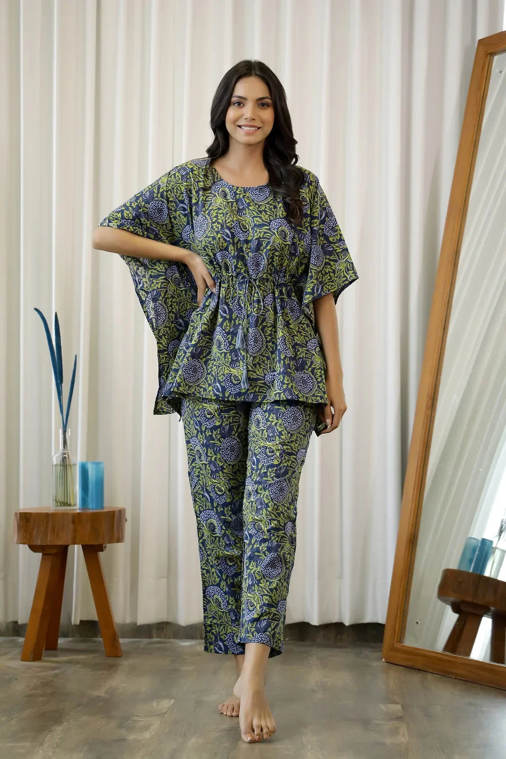 Navy Blue & Green Cotton Printed Kaftan set - SanskrutiHomes 