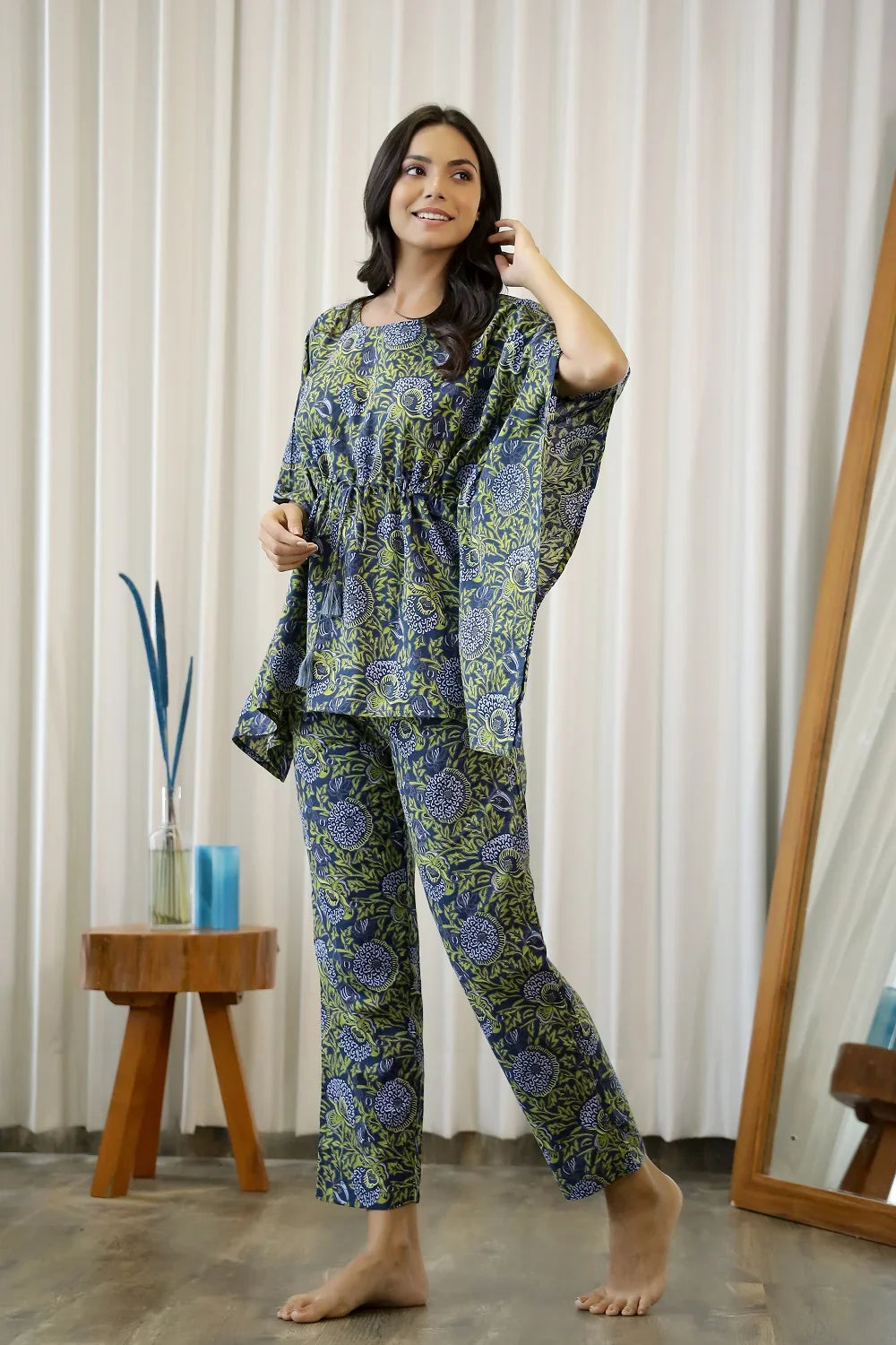 Navy Blue & Green Cotton Printed Kaftan set - SanskrutiHomes 