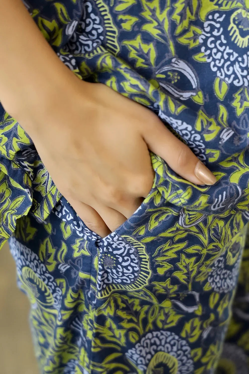 Navy Blue & Green Cotton Printed Kaftan set - SanskrutiHomes 