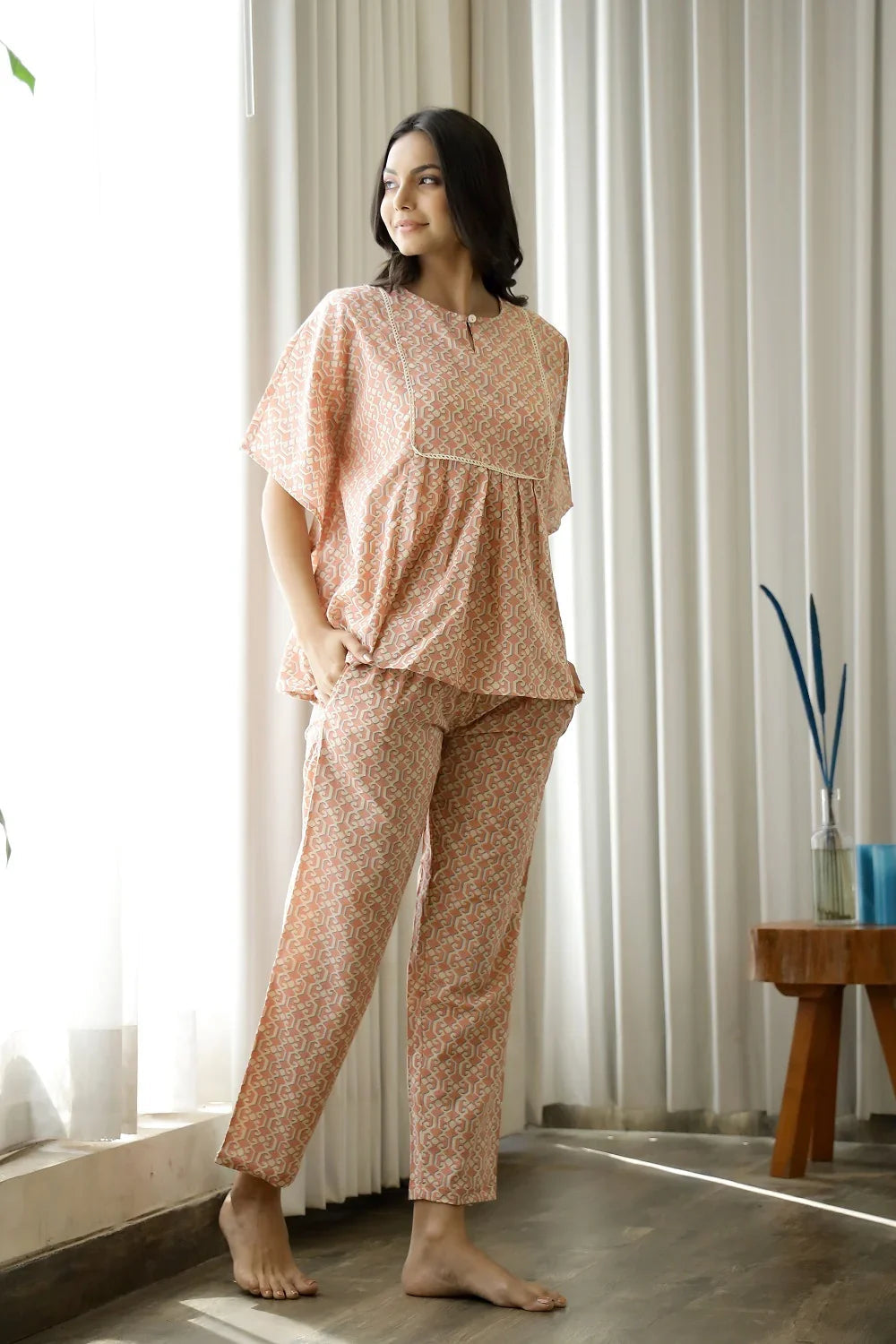 Women Pink & Cream-Coloured Printed Indo Western Kaftan Pyjama Set - SanskrutiHomes 