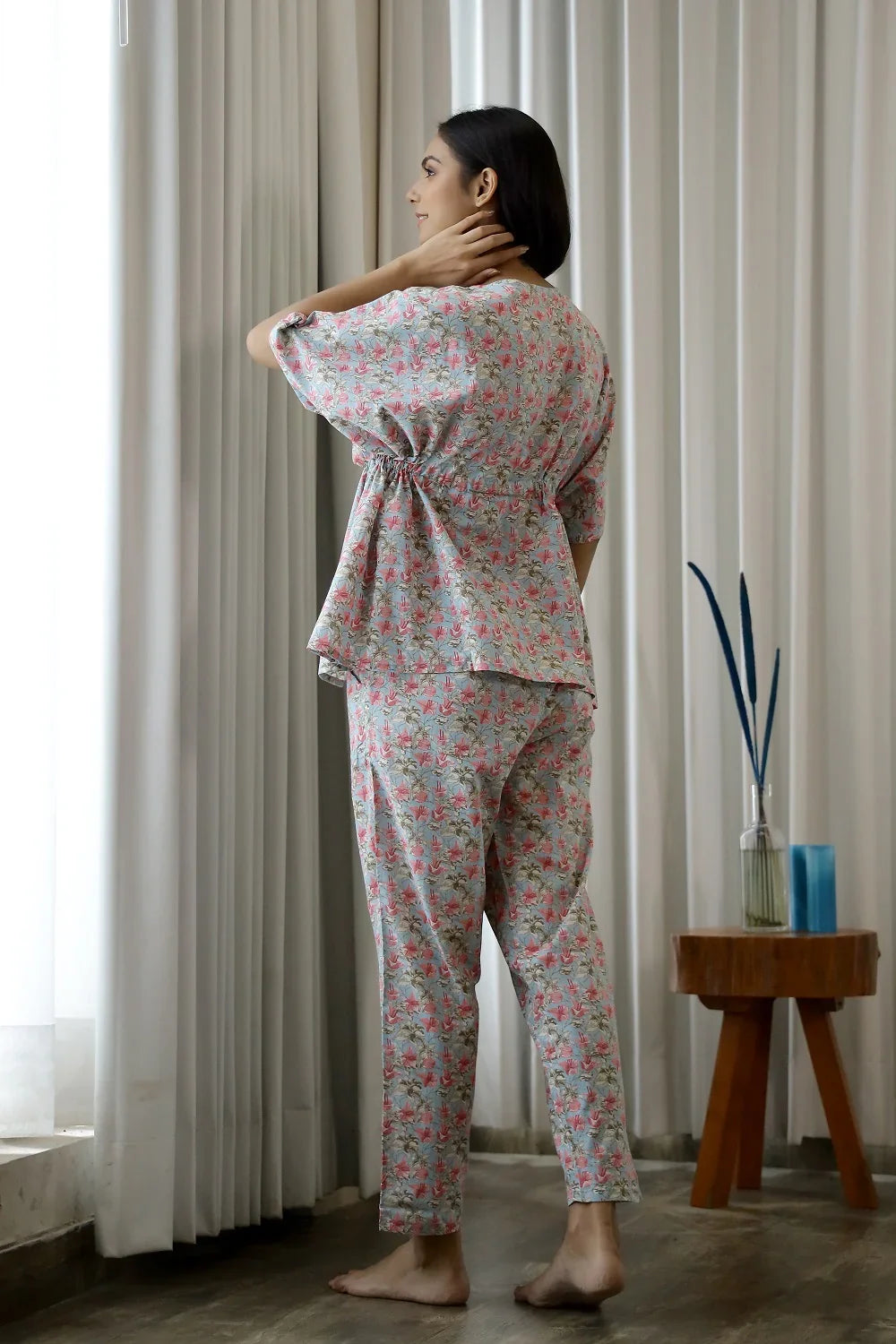 Women Light Blue & Pink Floral Printed Cotton Kaftan With Pyjama - SanskrutiHomes 