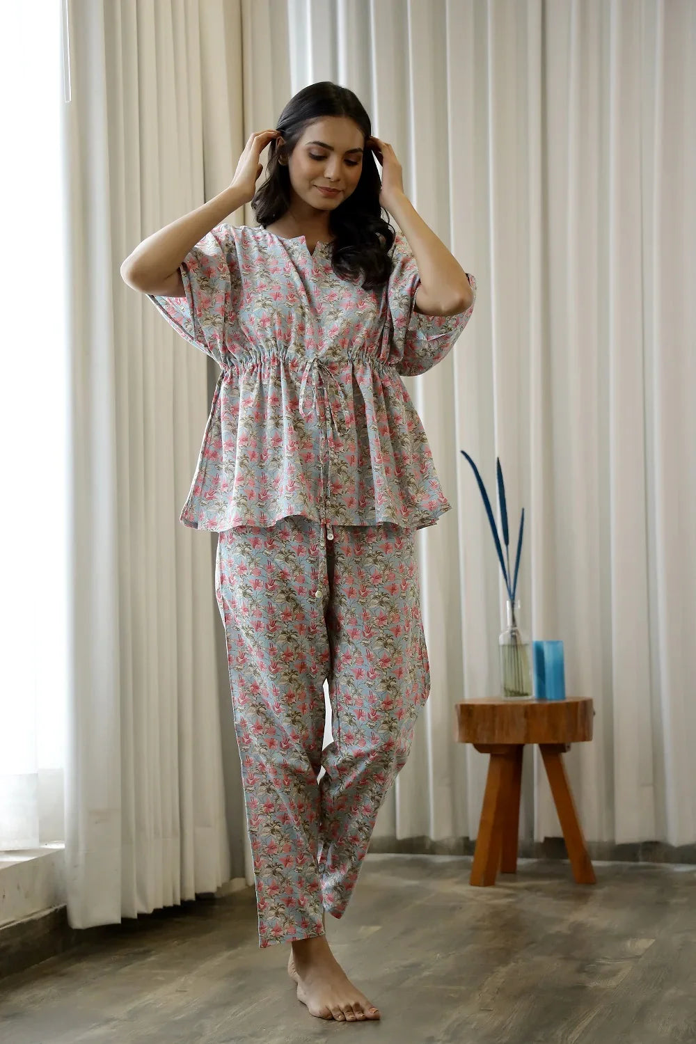Women Light Blue & Pink Floral Printed Cotton Kaftan With Pyjama - SanskrutiHomes 