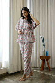Women Light Blue & Pink Floral Printed Cotton Kaftan With Pyjama - SanskrutiHomes 
