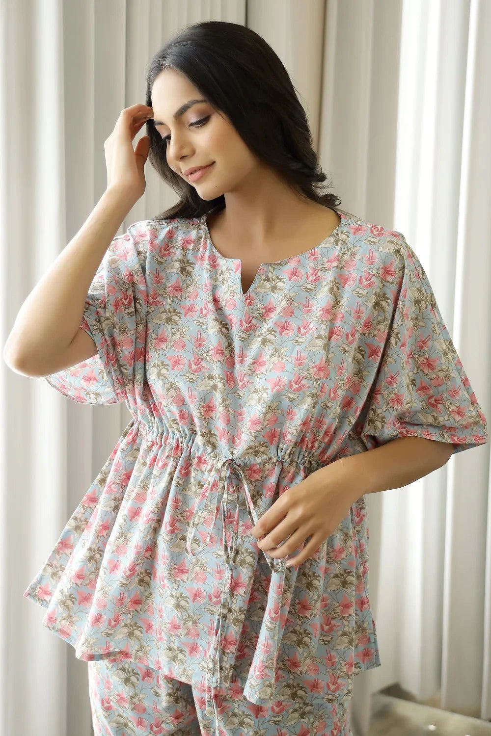 Women Light Blue & Pink Floral Printed Cotton Kaftan With Pyjama - SanskrutiHomes 