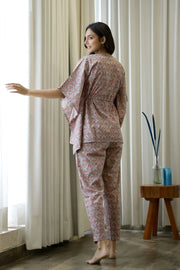 Women Grey Rust and Orange Pure Cotton Printed Kaftan Pyjama Night Suit Set - SanskrutiHomes 