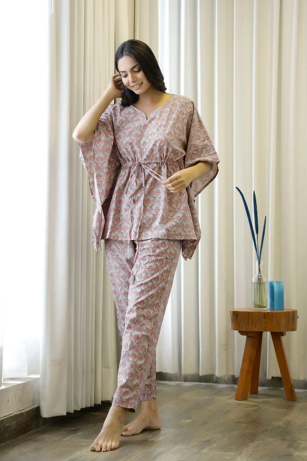 Women Grey Rust and Orange Pure Cotton Printed Kaftan Pyjama Night Suit Set - SanskrutiHomes 