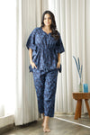 Indigo Floral Print Notch V-Neck Cotton Kaftan Night Suit Set For Women