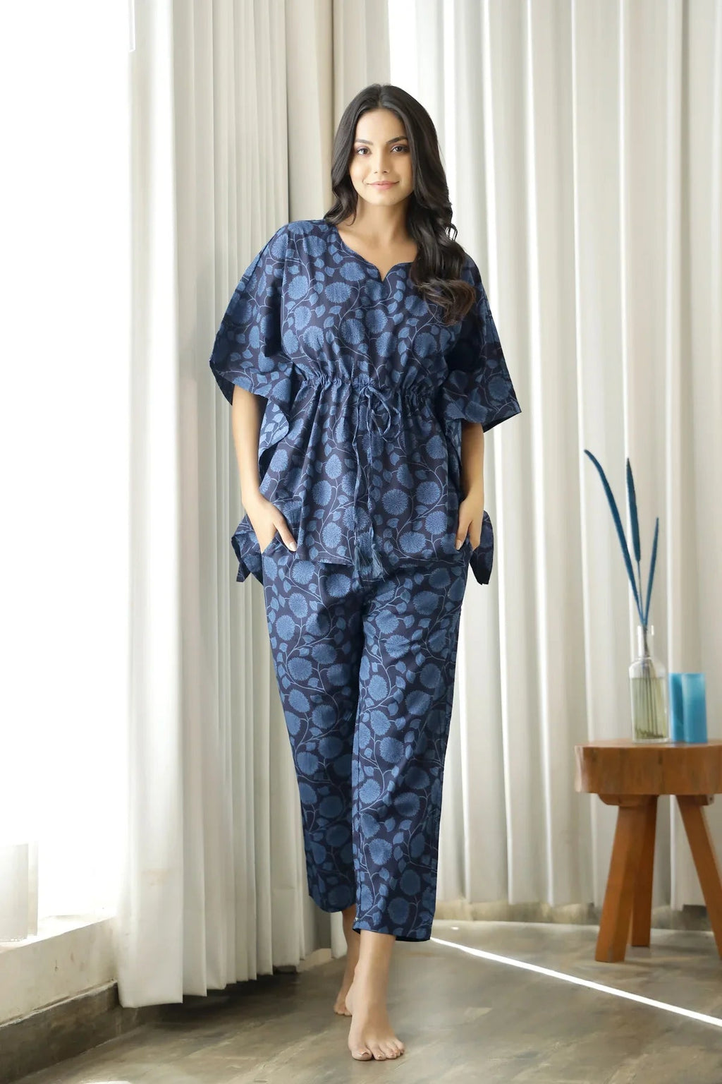 Women Navy Blue Floral Printed Cotton Kaftan with Pyjama - SanskrutiHomes 