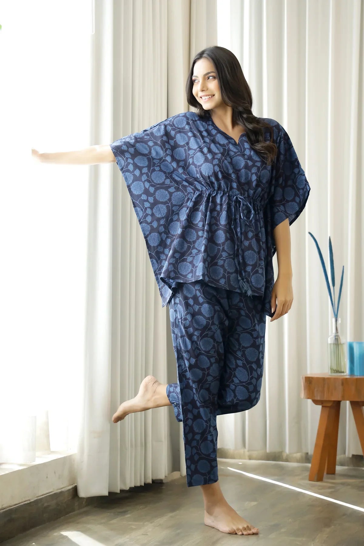 Women Navy Blue Floral Printed Cotton Kaftan with Pyjama - SanskrutiHomes 