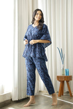 Women Navy Blue Floral Printed Cotton Kaftan with Pyjama - SanskrutiHomes 