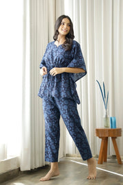 Women Navy Blue Floral Printed Cotton Kaftan with Pyjama - SanskrutiHomes 