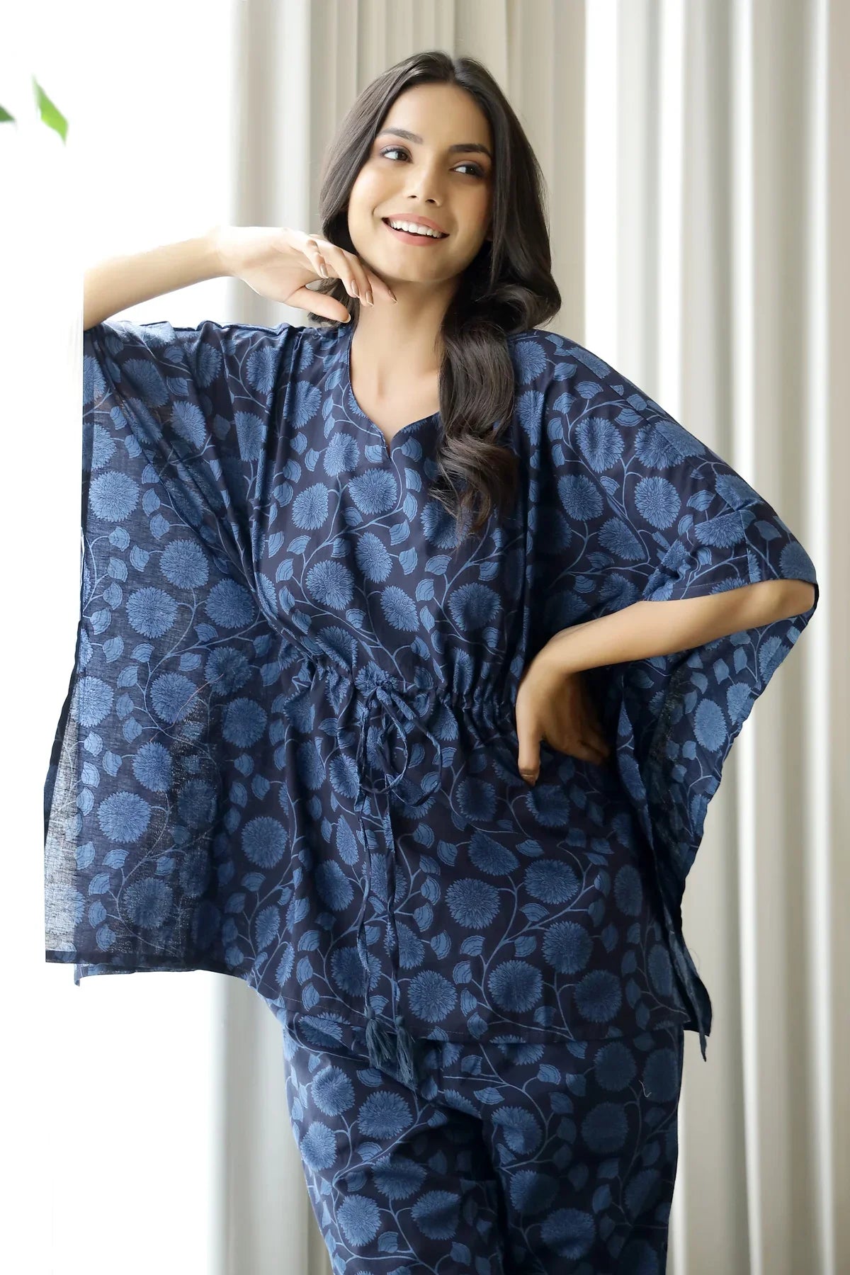 Women Navy Blue Floral Printed Cotton Kaftan with Pyjama - SanskrutiHomes 