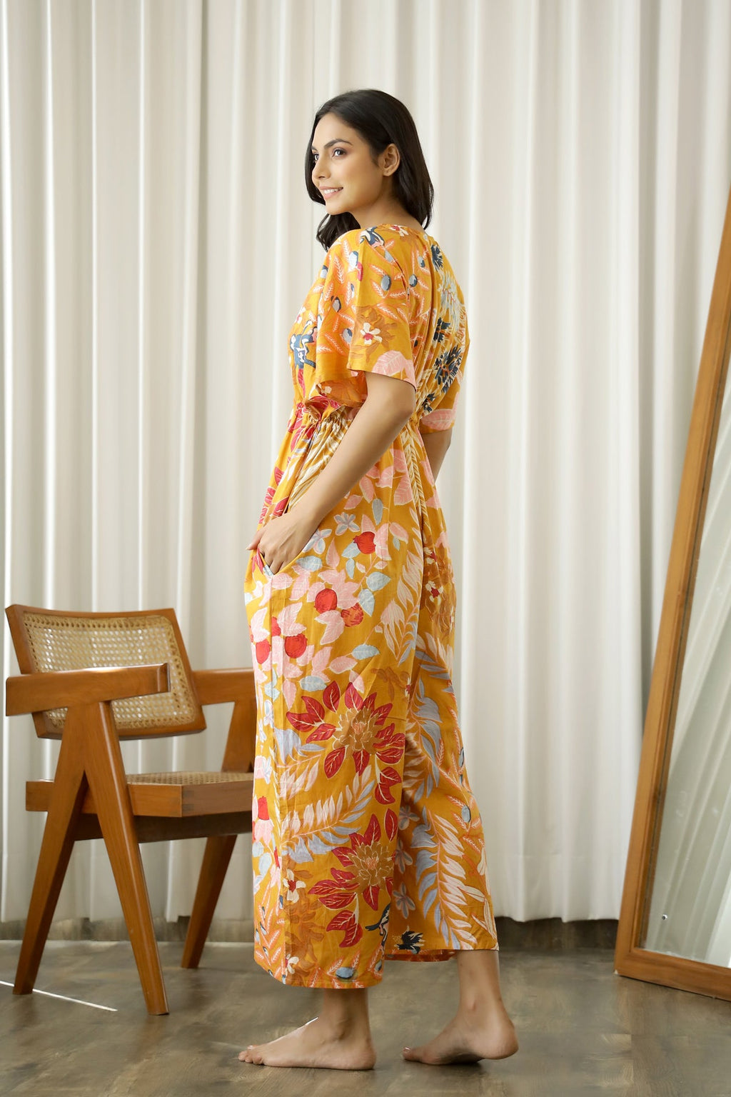 Mustard Printed Cotton Jumpsuit Loungewear