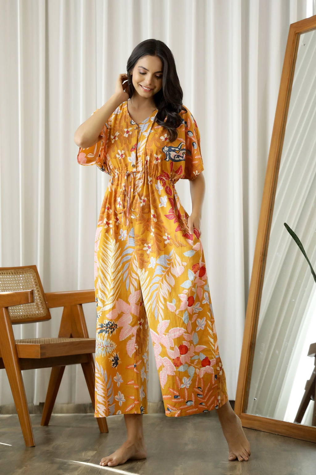 Mustard Printed Cotton Jumpsuit Loungewear