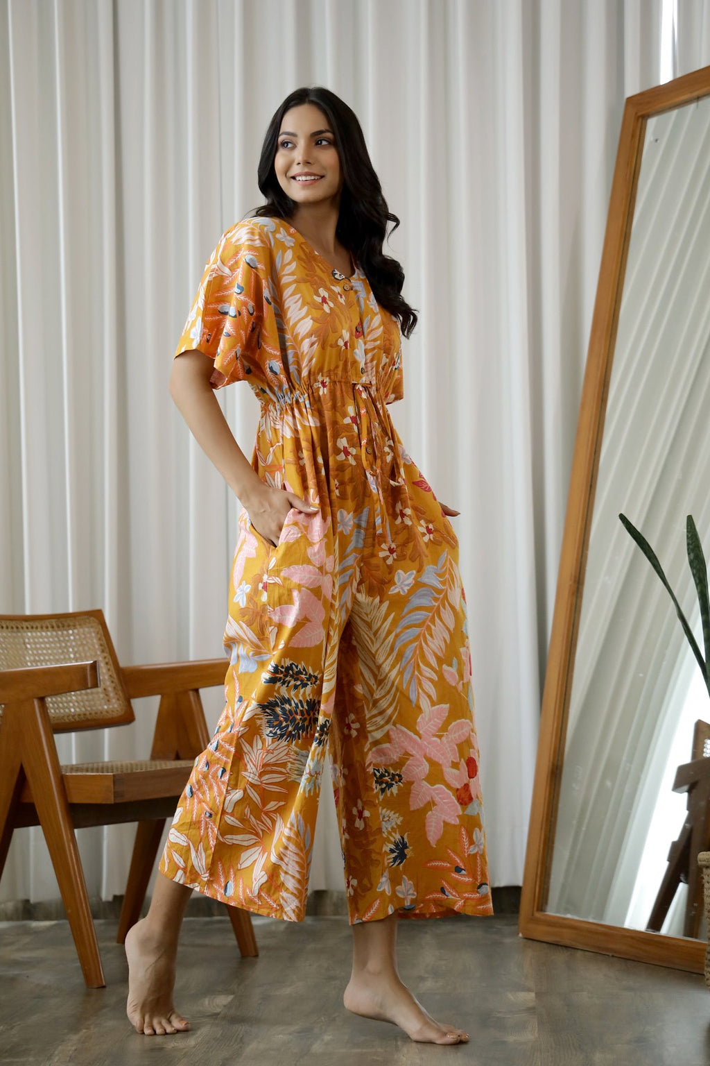 Mustard Printed Cotton Jumpsuit Loungewear