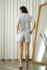 Grey White Cotton Cat Printed Peter pan collared Night Suit short Set - SanskrutiHomes 