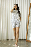 Grey White Cotton Cat Printed Peter pan collared Night Suit short Set - SanskrutiHomes 