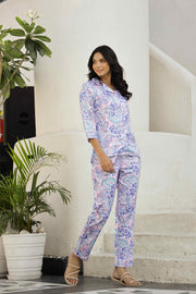 Blueberry Paisley Printed Lapel Collar Satin Pyjama Night Suit For Women