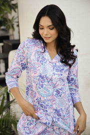 Blueberry Paisley Printed Lapel Collar Satin Pyjama Night Suit For Women