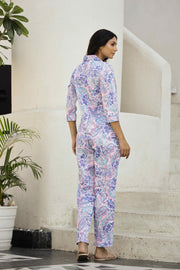 Blueberry Paisley Printed Lapel Collar Satin Pyjama Night Suit For Women