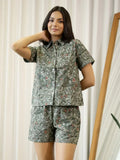 Women Green Leaf & Floral Printed Cotton Night Suit Set - SanskrutiHomes 